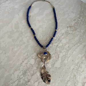 Vintage Native American Lapis and SS Beaded Necklace With Bear & Feather Pendant